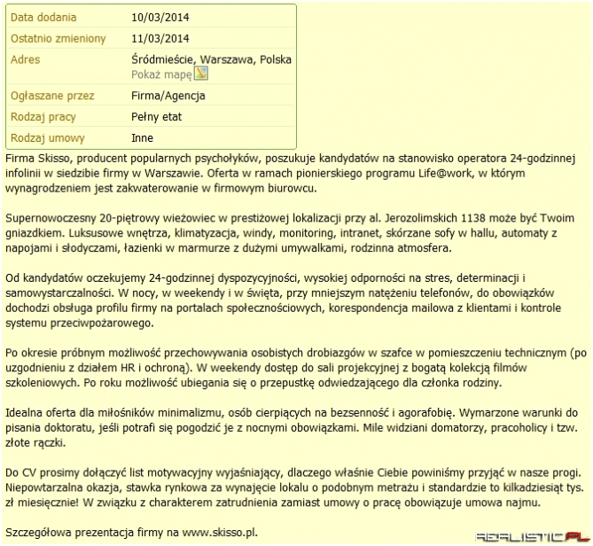 Mieszkanie w biurze w ramach pensji