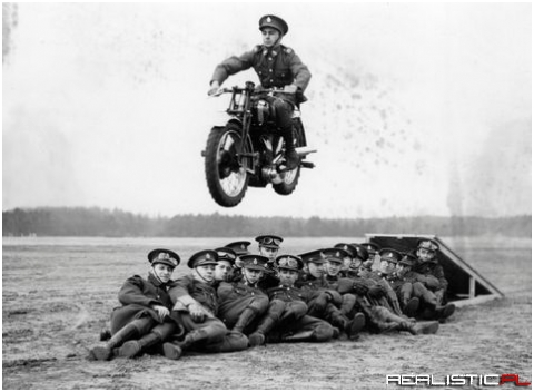 Man on Motorbike jumps his comrades during interwar years