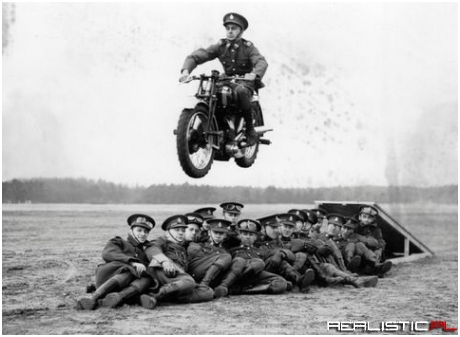 Man on Motorbike jumps his comrades during interwar years