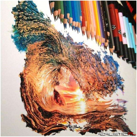 Intricate Colored Pencil Drawing of a Wave