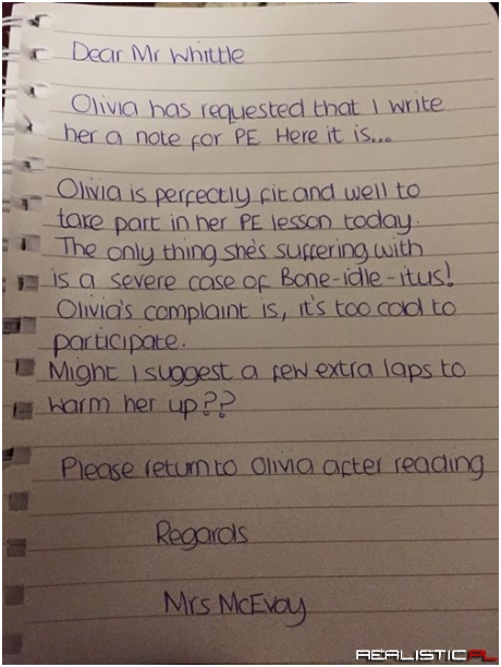 Olivia Wants to Get Out of PE Because of the Cold Weather. Mom Will Have None of it.